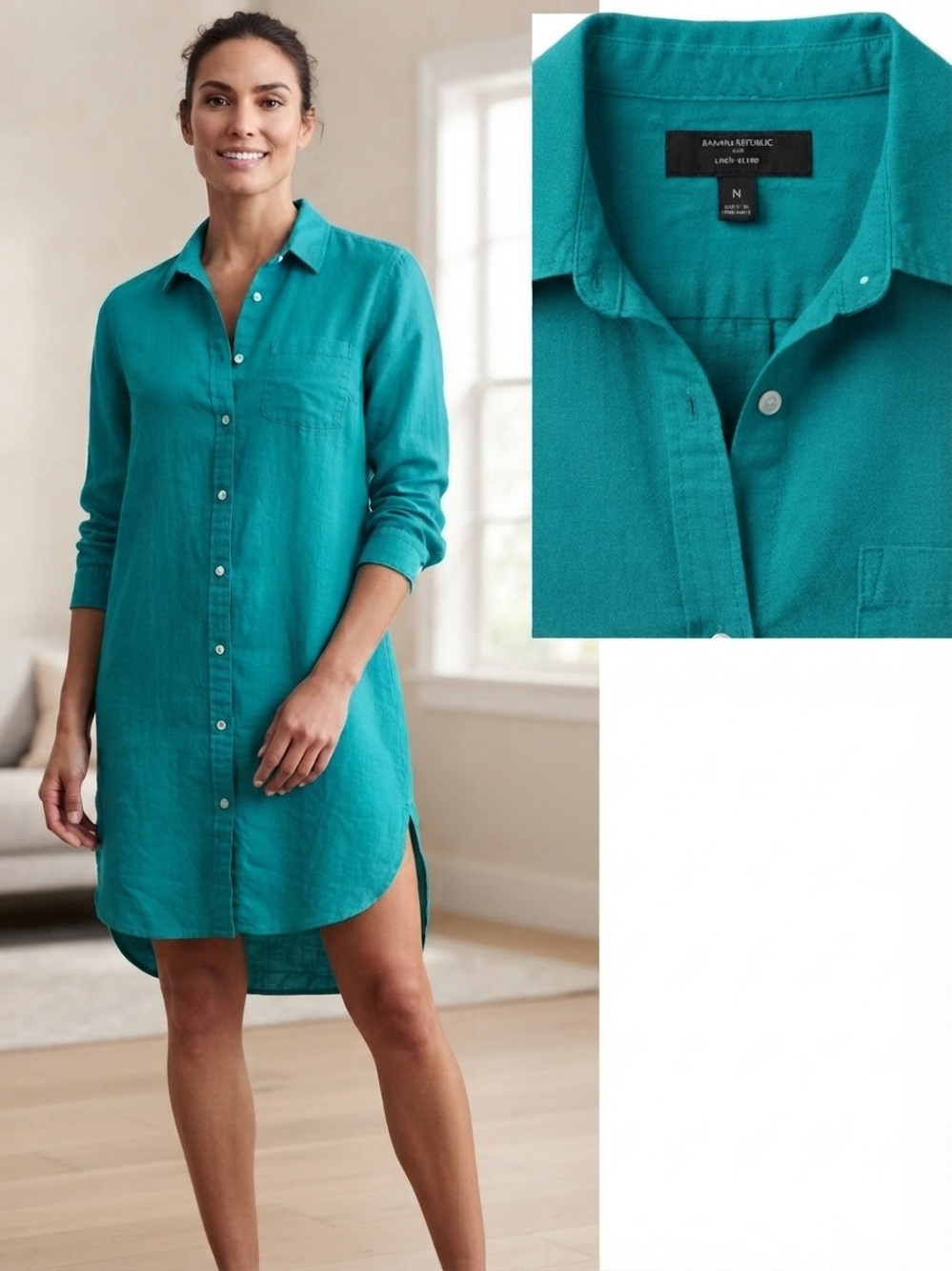 Banana Republic Teal Linen Blend Long Sleeve Button Down Shirt Dress Size M